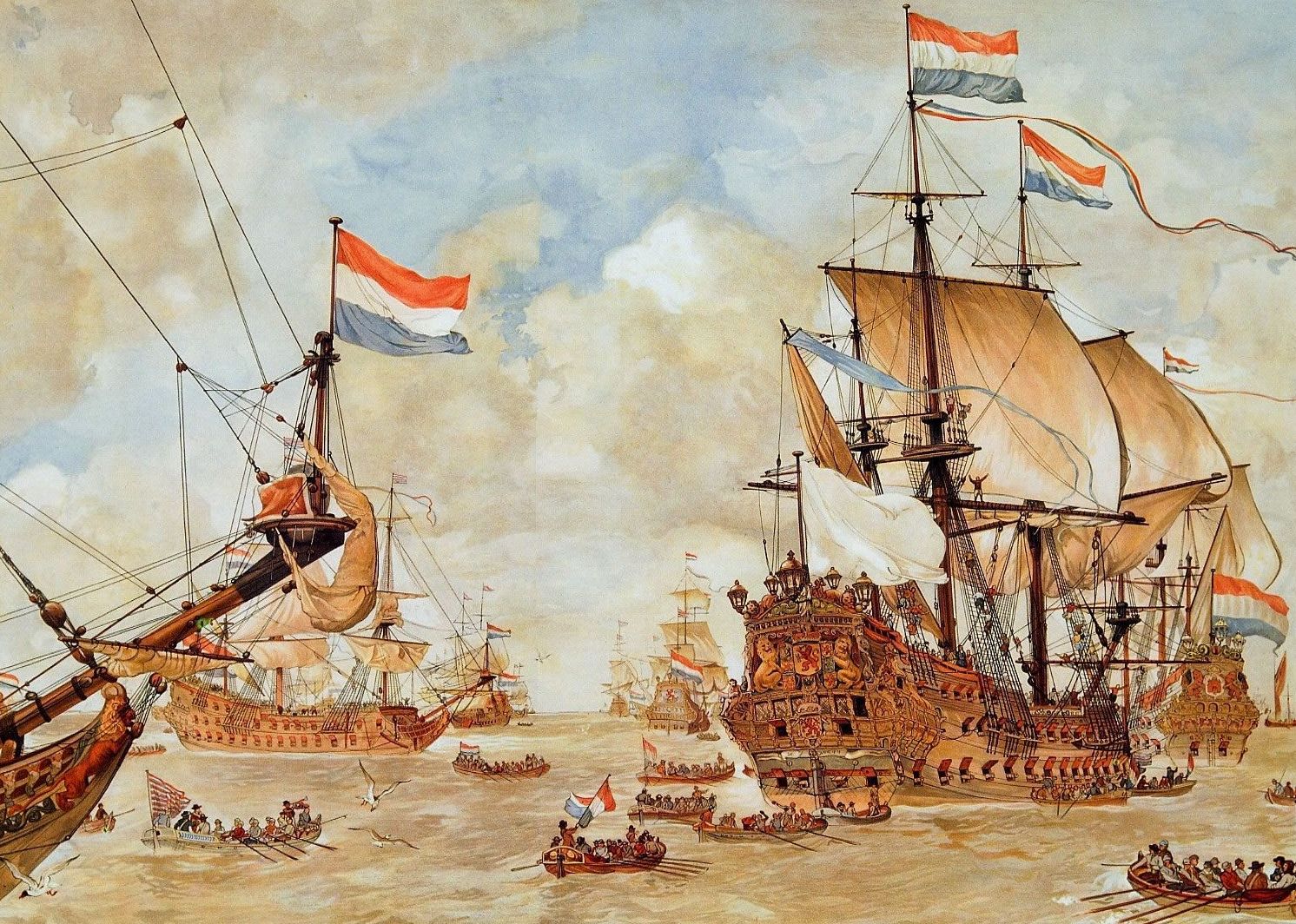 Stormy sea with a historic sailing ship